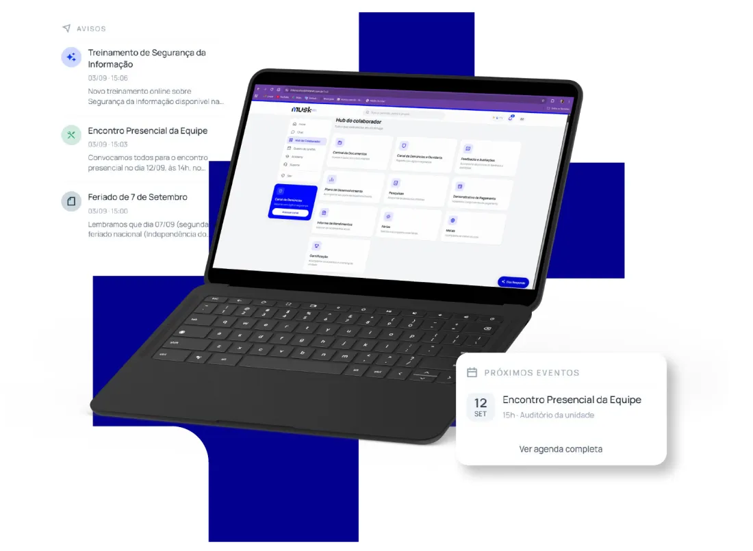 Notebook com o Hub do colaborador da Musk, avisos e próximos eventos